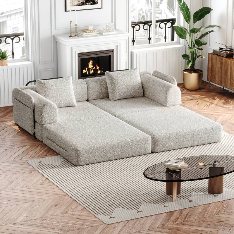 Set of 2 Loveseat Couch Chenille Modular Splicing Sectional Sofa Convertible Sleeper Sofa Bed with Side Pockets and Pillows