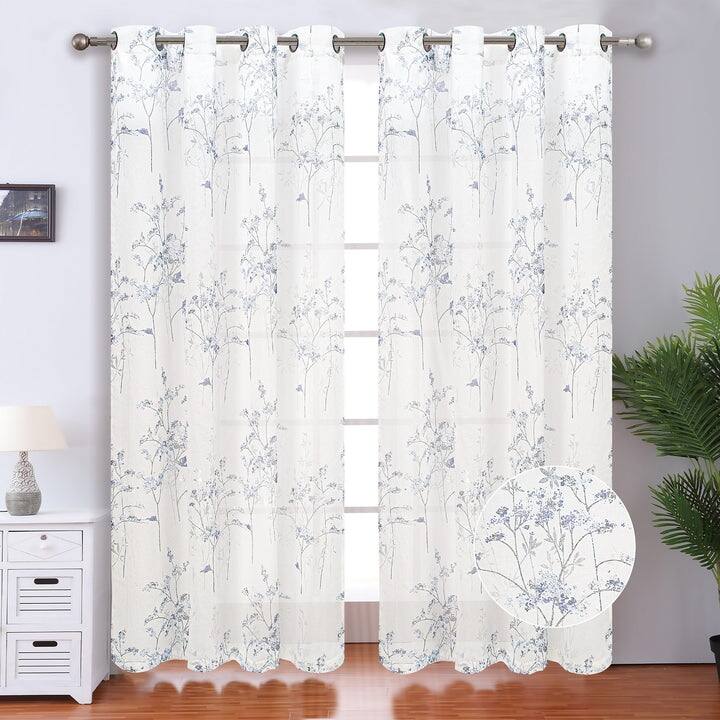 Cypress Metallic Foil Floral Grommet Window Curtain Panel, 54x84 Inches - 54x84 Inches - Blue