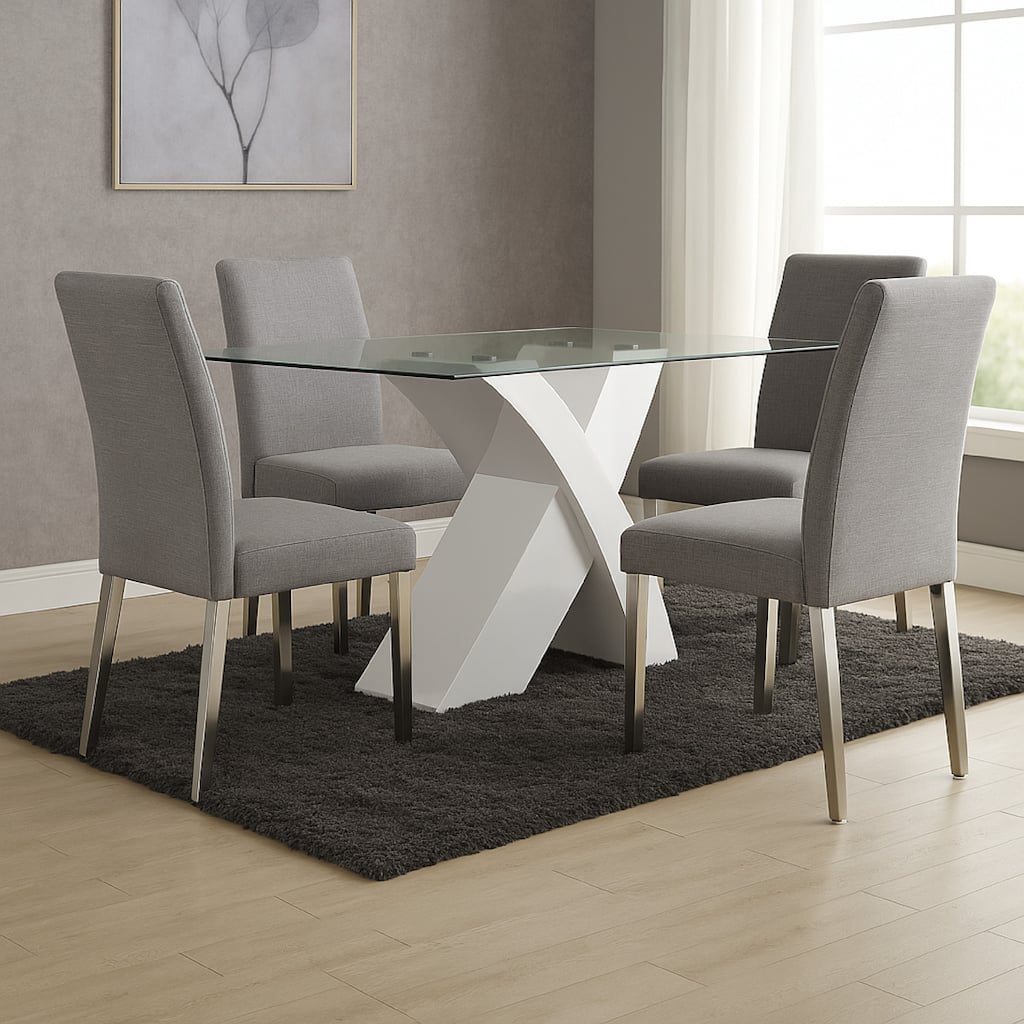 Glass Top Dining Table With X Shape Wooden Base, White and Clear