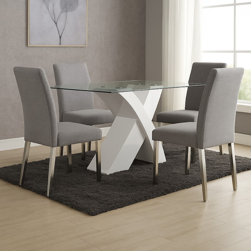 Glass Top Dining Table With X Shape Wooden Base, White and Clear