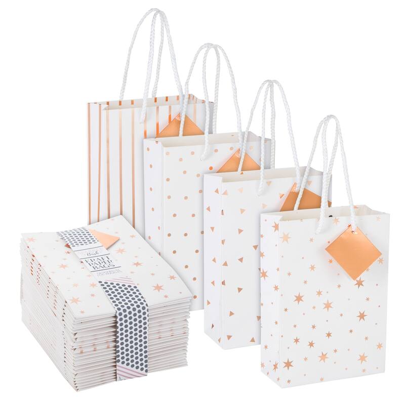 Blue Panda 24 Pack White and Rose Gold Paper Gift Bags for Party, 4 Designs, 7.9x5.5x2.5"