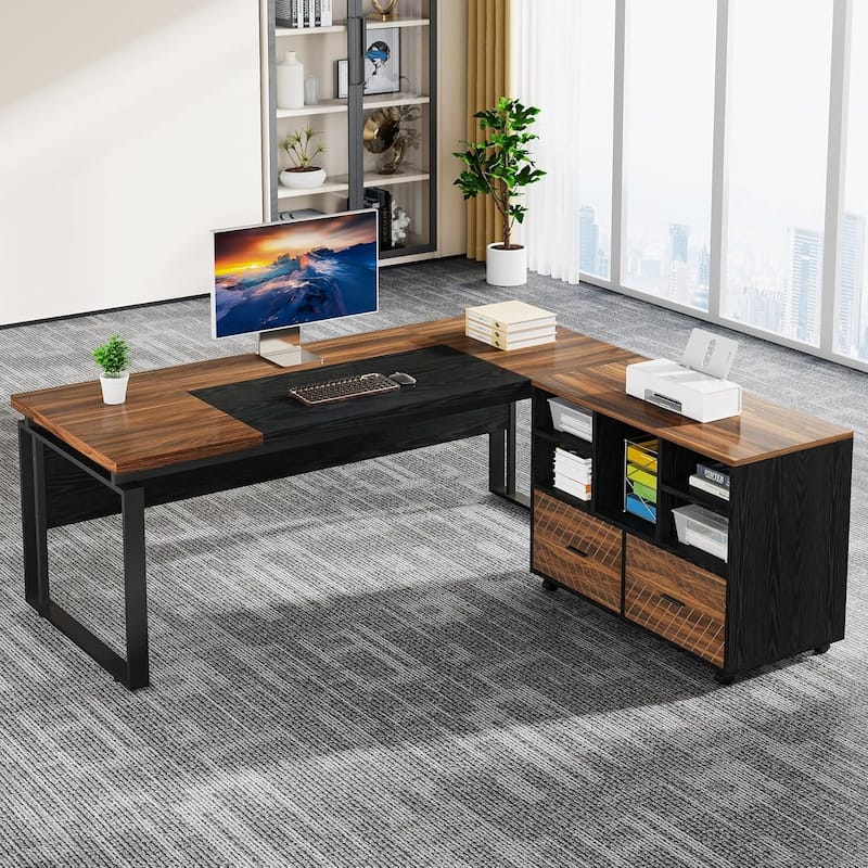 63" L-Shaped Executive Desk Reversible File Cabinet Combo, Office Computer Desk Set with Storage Drawers