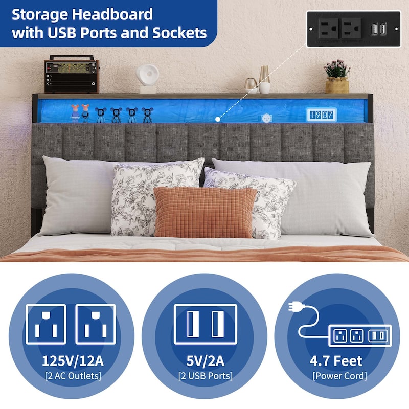 Moasis Rustic Grey Storage Platform Bed Frame with Storage Headboard with Power Outlets and 4 Drawers