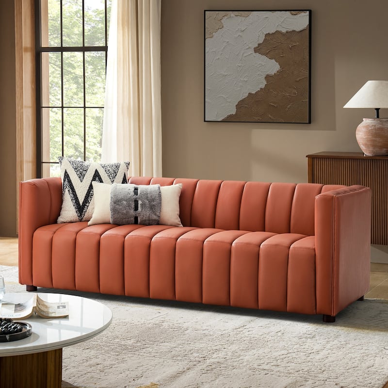 Olinto Modern 83-Inch Genuine Leather Tufted Couch Sofa with Channel Back by HULALA HOME
