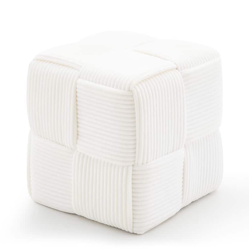 Soft Corduroy Fabric Ottoman Stool for Home Bedroom Living Room Vanity Chair Comfortable - White