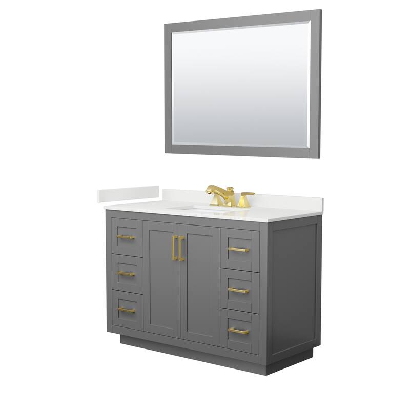 Miranda 48-inch Single Vanity, Quartz Top, 46-inch Mirror - Dark Gray, Gold Trim, White Quartz Top