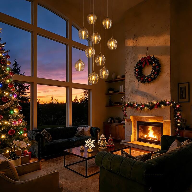 Modern Crystal Balls Pendant Light 10-Light Globe Raindrop Drop Lamp,Flush Mount Hanging Lighting Fixtures for Spiral Staircase - Amber glass chandelier