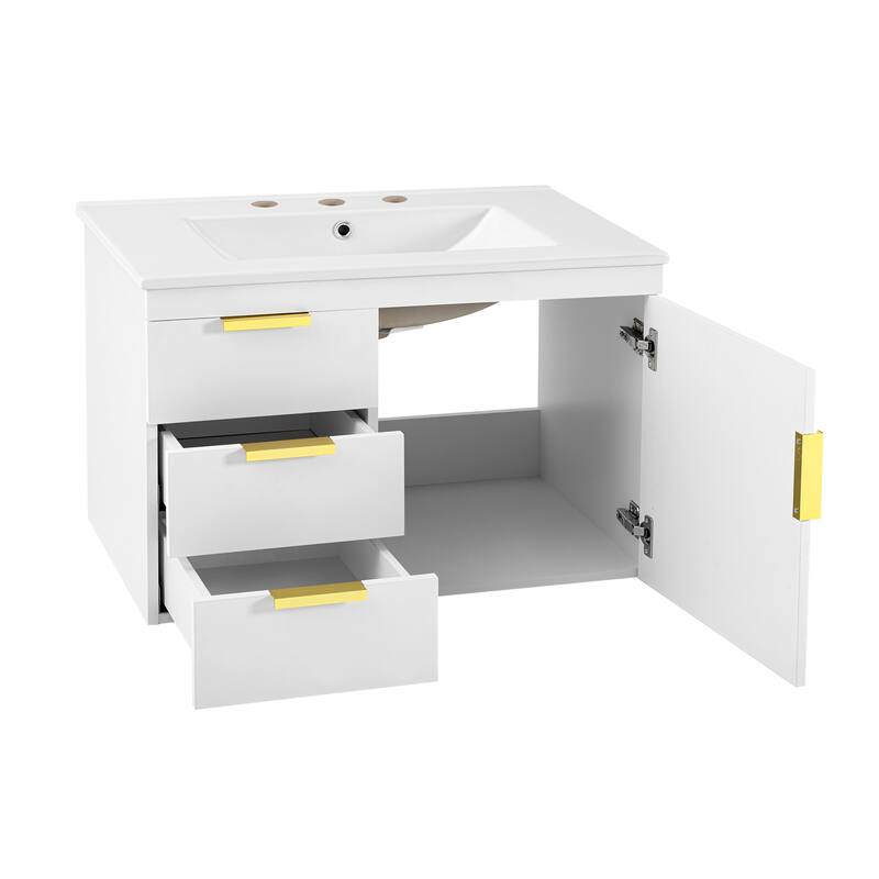 Roomfitters 30 Inch Wall Mounted Bathroom Vanity, Floating Storage Cabinet with Ceramic Basin Sink & Soft Close Door