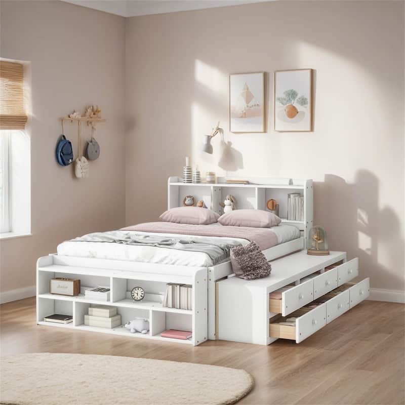 Full Bed w/Bookcase Headboard,Under bed Storage Drawers & Storage Case