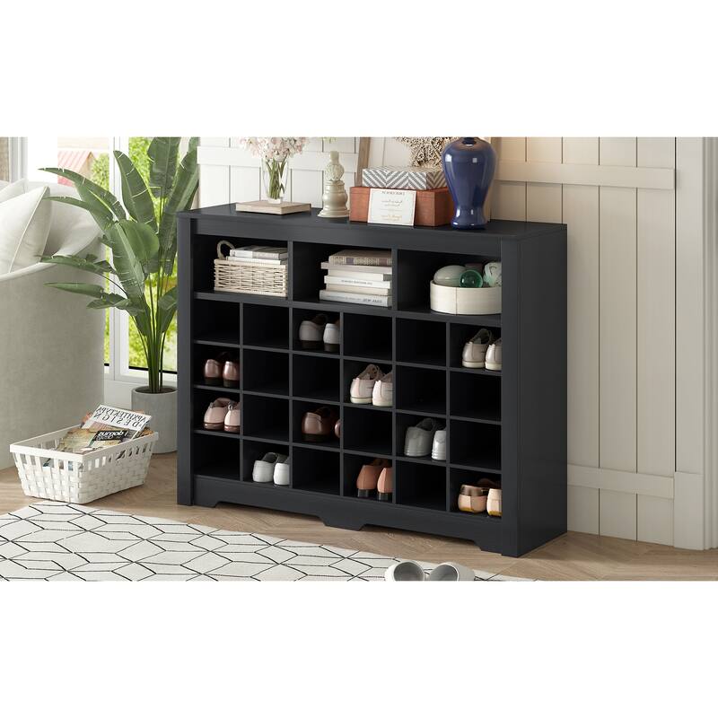 Shoe Cabinet Console, Square Lattice Shoe Storage Cabinet with Curved Base, 24 Pair Wood Shoe Rack for Entryway