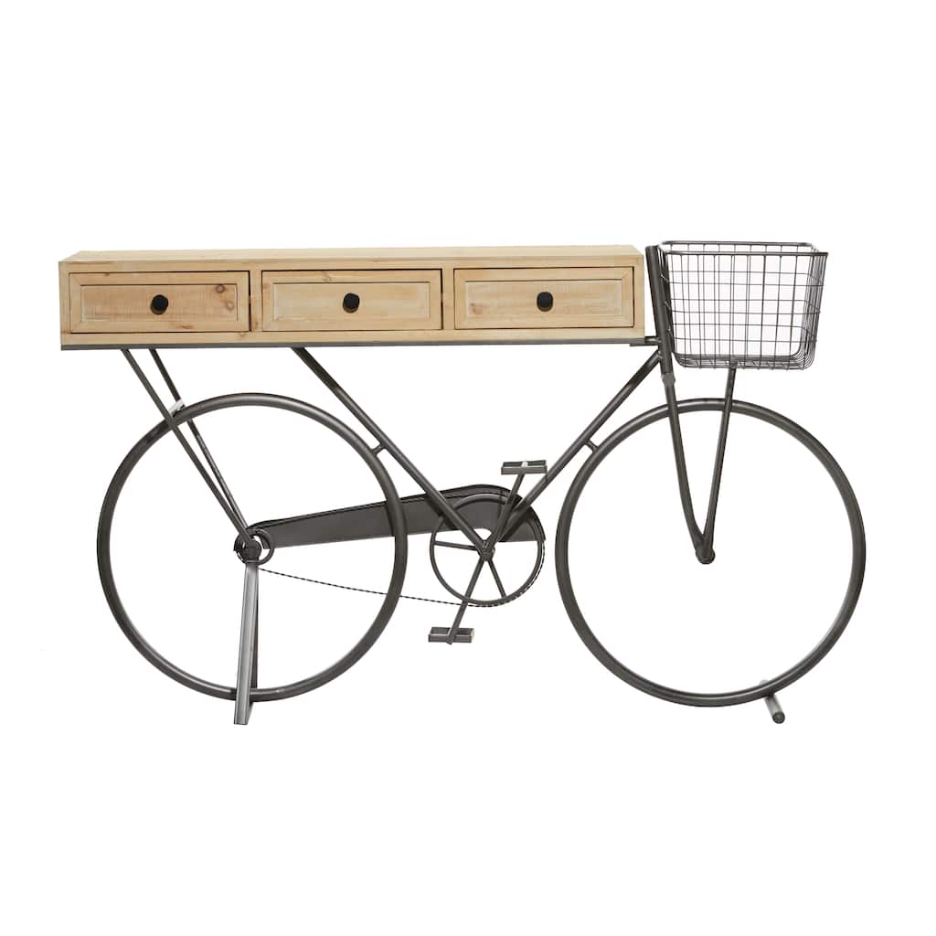 Metal Bike 3 Drawer Console Table with Brown Wood Top - Black - Roche River Decor - 15"Wx58"Lx34"H