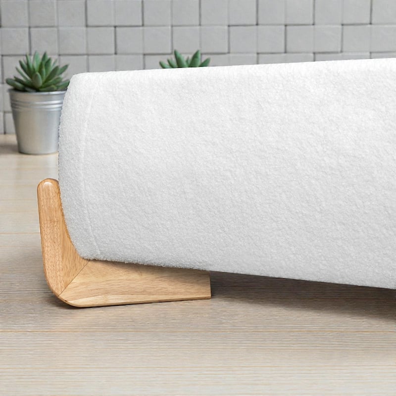 Boucle Upholstered Bed Frame, Soft White Fabric Platform Bed with Solid Wood Legs