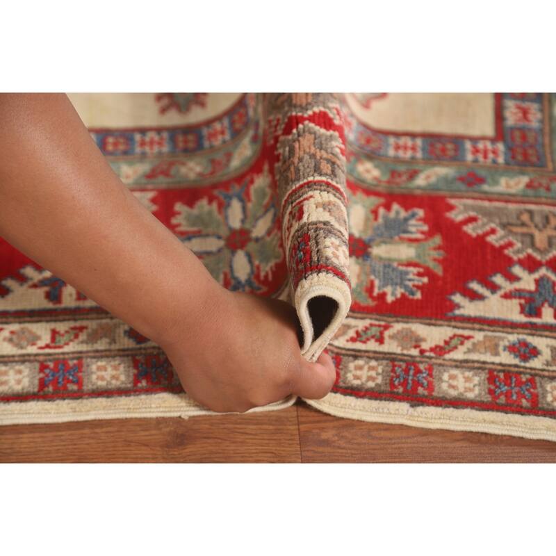 Geometric Kazak Area Rug Handmade Beige Wool Carpet - 4'10" x 6'6"