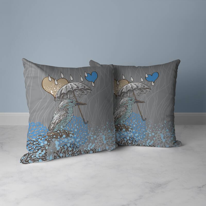 Bird with Umbrella Faux Suede Reversible Throw Pillow Gray and Blue