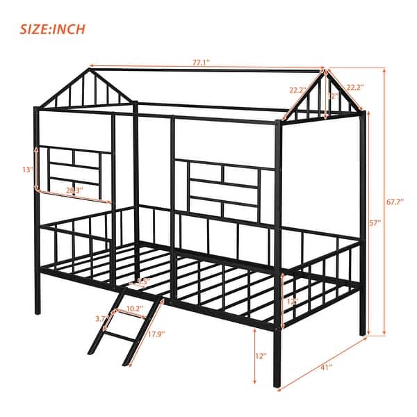 dimension image slide 0 of 2, Modern Simple Metal All-in-One House Bed Frame, Twin Size Low Loft Bed w/ Slatted Support No Box Spring Needed for Bedroom