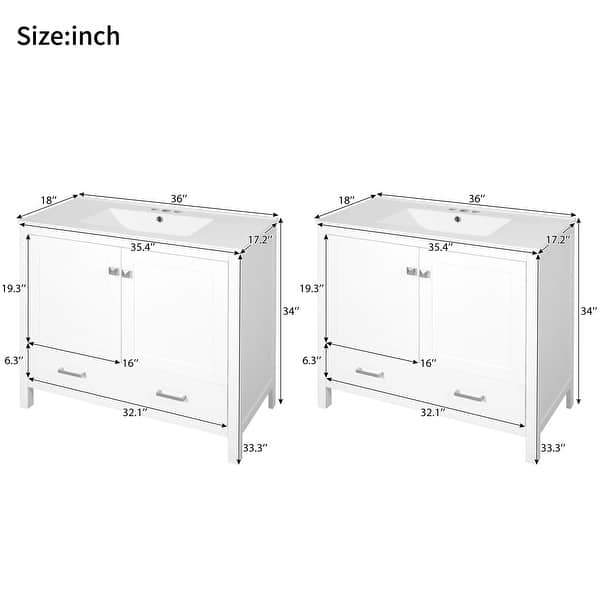 dimension image slide 34 of 35, GDFStudio - Aurora Wood Bathroom Vanity Set with Ceramic Sink and Divided Drawers
