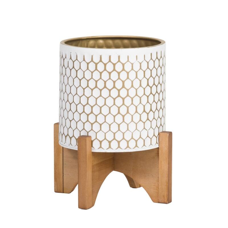 Honeycomb Mid-Century Modern Indoor Metal Pot Planter with Arch Wood Base