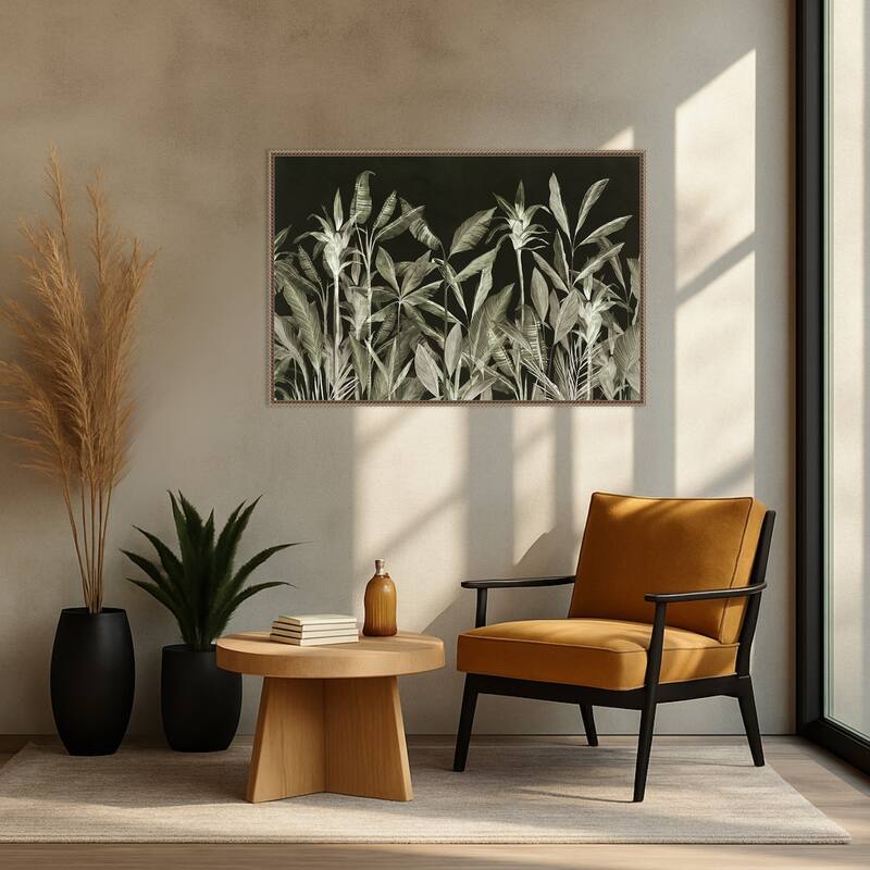 Monochrome Jungle Leaves at Night by Aria K Framed Canvas Wall Art Print