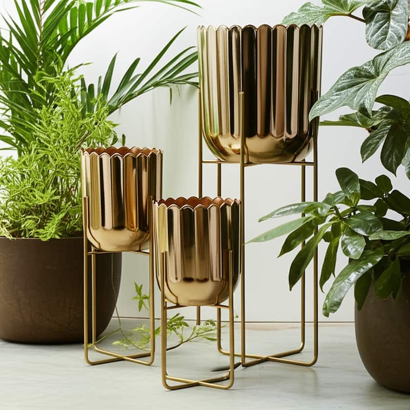 Metal Planter on Stand Scalloped Finish (Set of 3) - 7", 9", 10" Gold - 9.75" x 9.75" x 27"