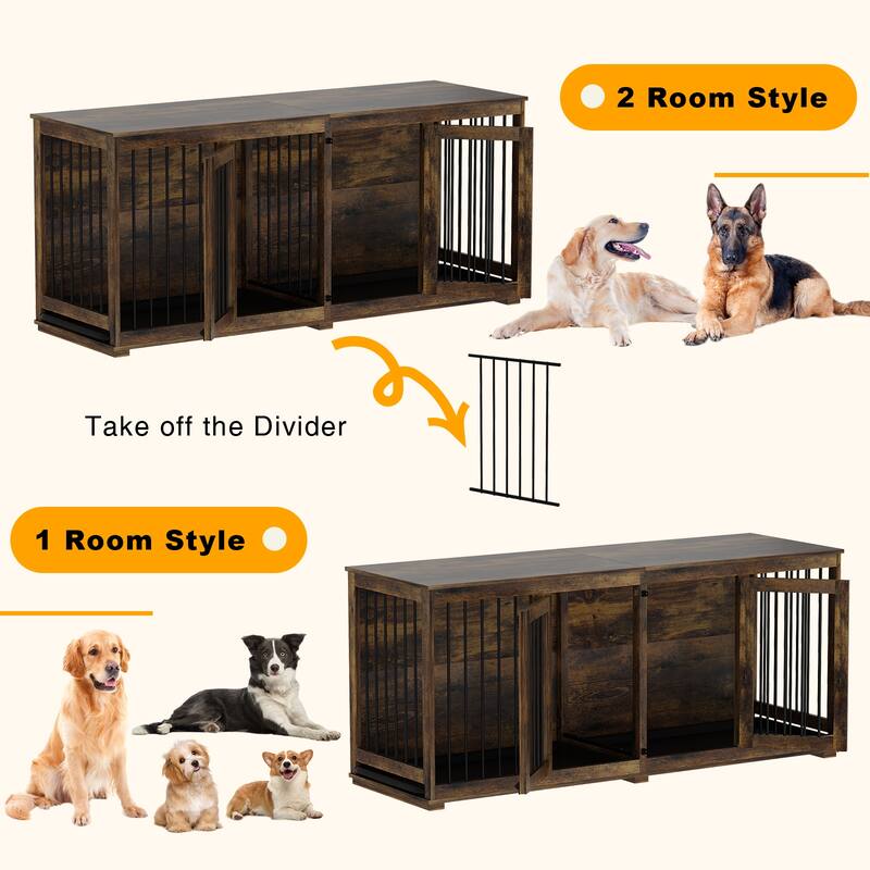 Large Dog Crate Furniture, 70" Dog Crate Kennel with Trays and Divider
