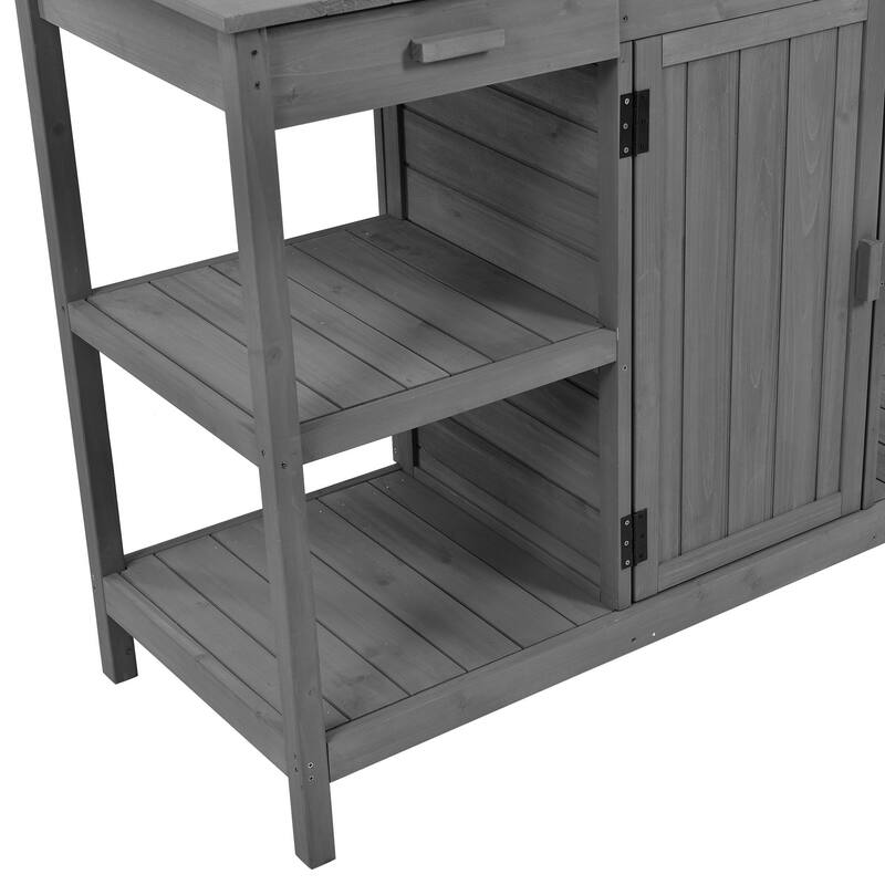 Roomfitters 66" Large Farmhouse Outdoor Potting Bench Table with 2 Drawers, Cabinet and Open Shelves, Gray