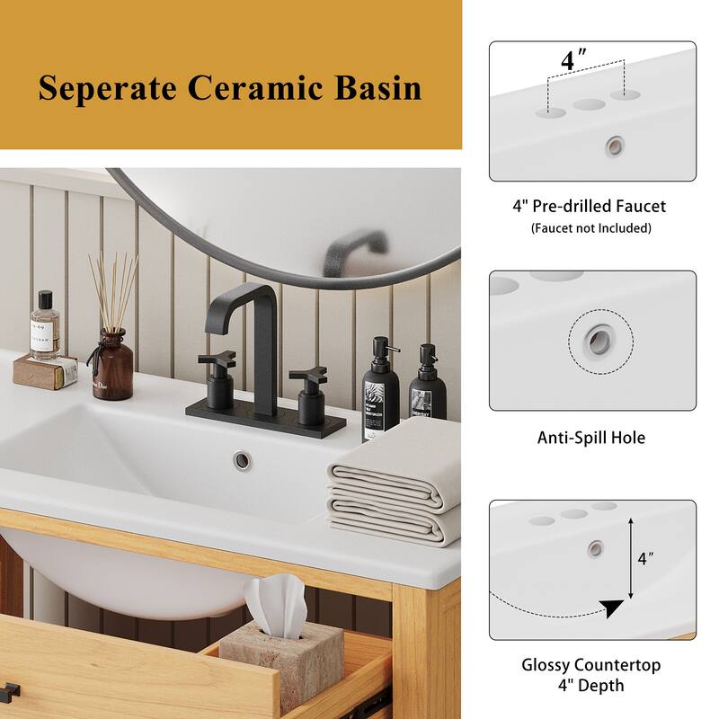 36"Bathroom Vanity with Ceramic Sink,Bathroom Cabinet with 2 Soft Close Doors and 3 Drawers,Free-standing Vanity with Wood Legs
