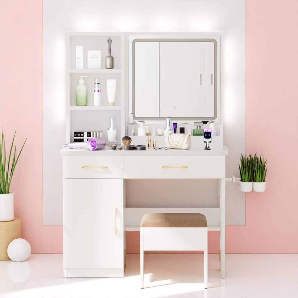 Makeup Vanity Table with LED Mirror, Power Outlet, Storage Cabinet, Cushioned Stool, 32" Wide