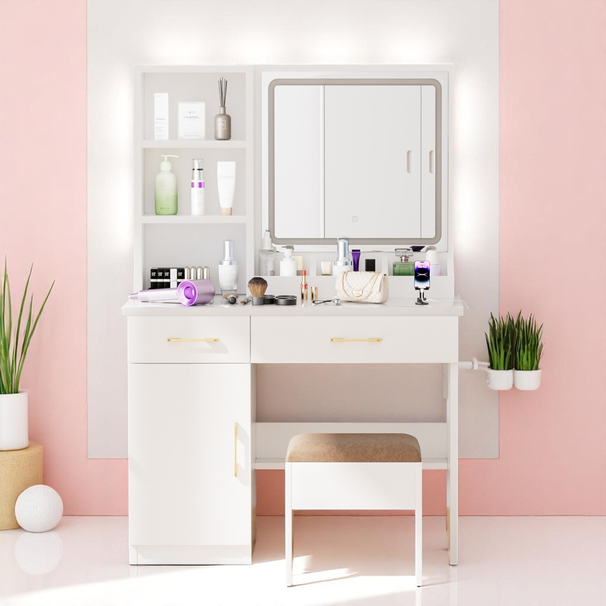 Makeup Vanity Table with LED Mirror, Power Outlet, Storage Cabinet, Cushioned Stool, 32" Wide