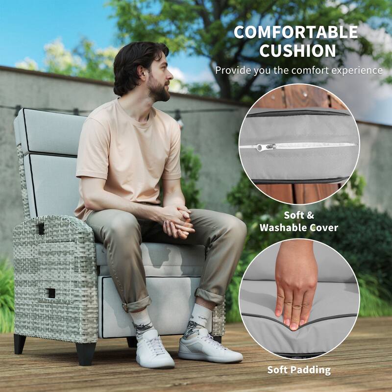 Outsunny Outdoor Recliner Chair with Cushion, PE Wicker Reclining Patio Lounge Chair with Adjustable Footrest