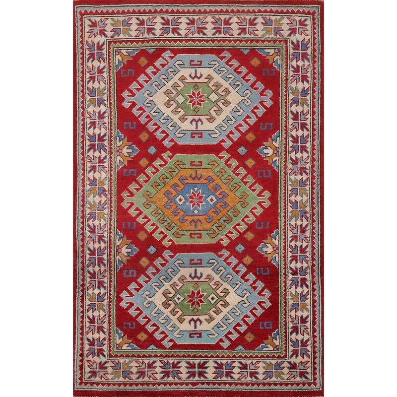 Kazak Oriental Accent Rug Handmade Traditional Foyer Wool Carpet - 3'2" x 5'1"