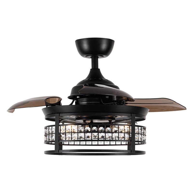 36-inch Modern 3-Blade Matte Black Retractable Crystal Caged Ceiling Fan with Remote and Light Kit - 35.83-in D x 17.6-in H