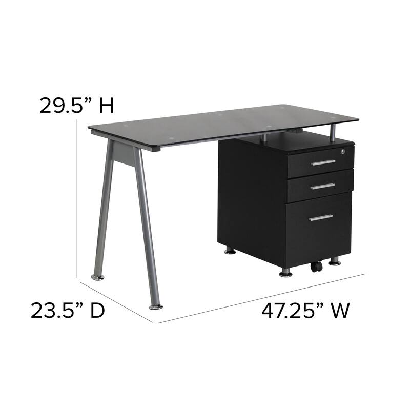 Computer Desk with Tempered Glass Top and Three Drawer Pedestal