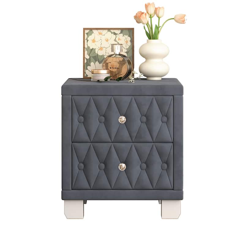 Elegant Velvet Nightstand with 2 Drawers and Crystal Handle, Storage Bedside Table with Button-Tufted, Grey