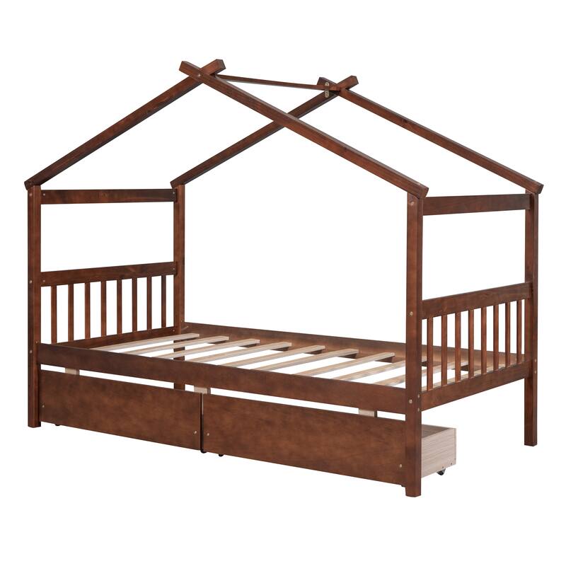 Twin Size Wooden House Bed with Storage Drawers, Fun Kids Bed with Roof Design