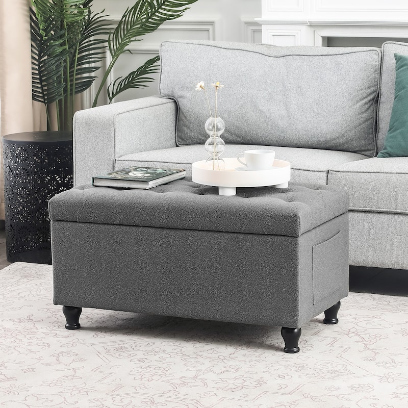 Adeco Tufted Storage Ottoman Bench for Living Room Bedroom - Grey