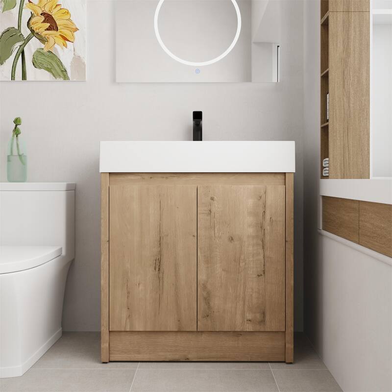 BNK 24/30/48/60 inch Freestanding Resin Sink Bathroom Vanity with Soft Close Door and Adjustable Shelf - 29.5''W×18.1''D×35''H - Imitative Oak