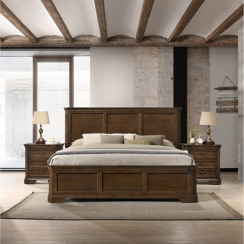 Roundhill Furniture Maderne 3-Piece Wood Bedroom Set, Panel Bed and Two Nightstands, Antique Walnut Finish - Queen