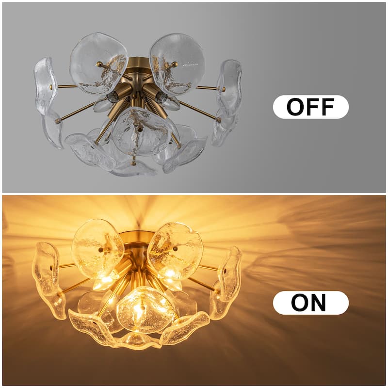 Starsky 5-Light Flush Mount Chandelier with Hand-Blown Flower Glass Shades, Art Deco/Mid-Century Style