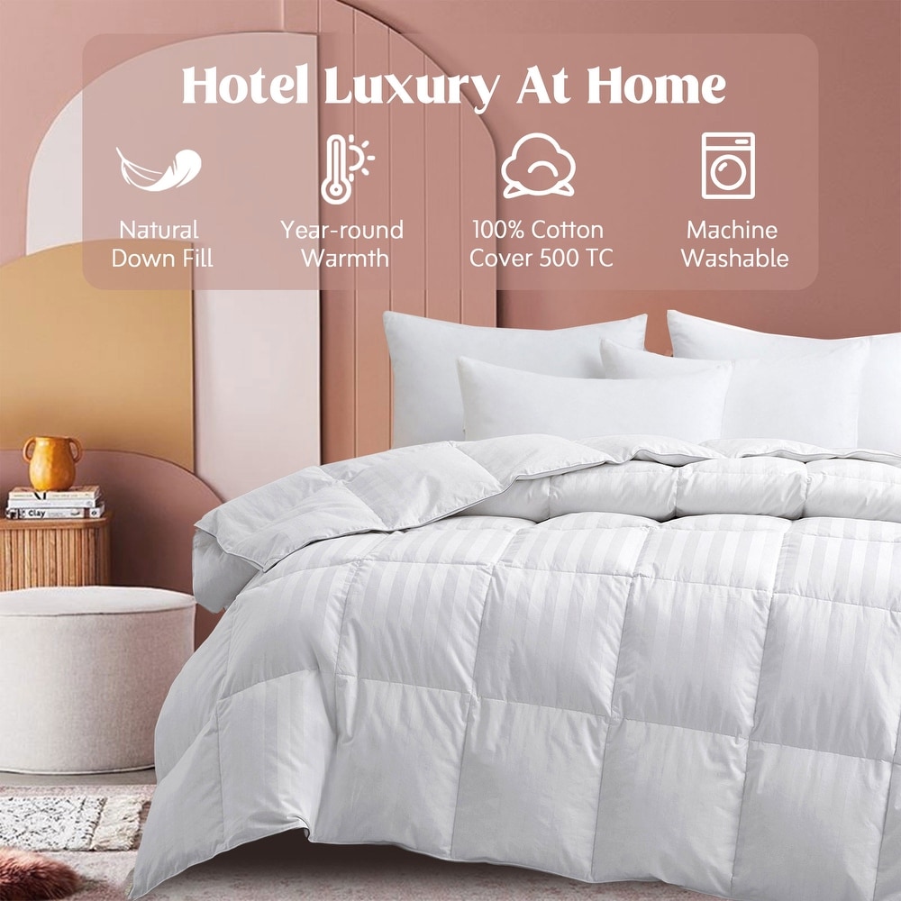 Hotel Luxury Year-round Down Duvet Comforter White Stripe & 500 TC Cotton Cover