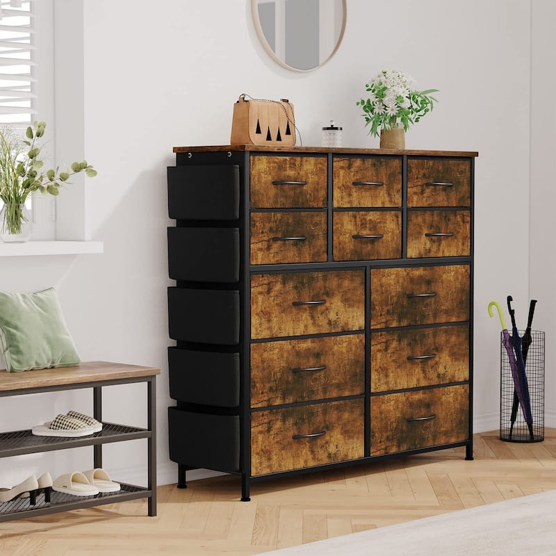 12 Drawer Dresser for Bedroom,Tall Fabric Dresser with Side Pockets and Hooks