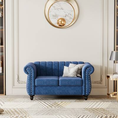 Fabric Upholstered Loveseat Sofa Couch Tufted Buttoned Backrest Settee with Solid Wood Legs for Living Room Office, Blue