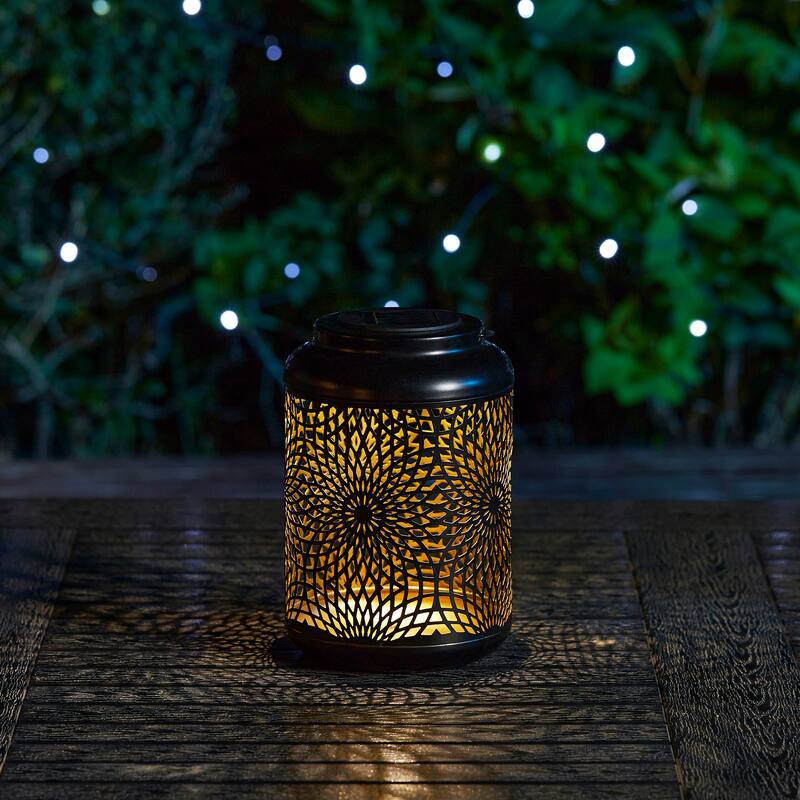 Glitzhome 8.75"H Outdoor Waterproof Metal Solar Hanging Lantern with Flower Leaves Decor - 1PC Black-Flower