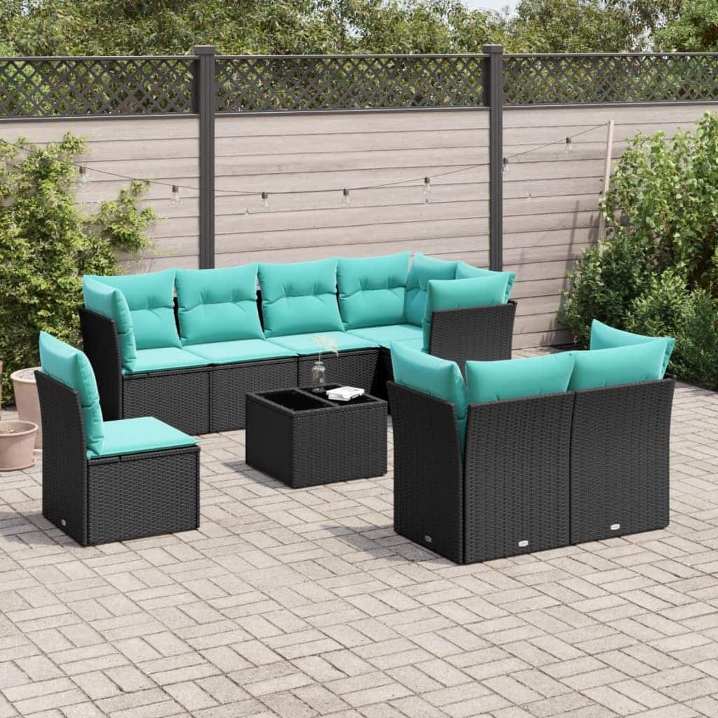 vidaXL 9 Piece Patio Sofa Set with Cushions Black Poly Rattan - 92.2x27.2x46.1
