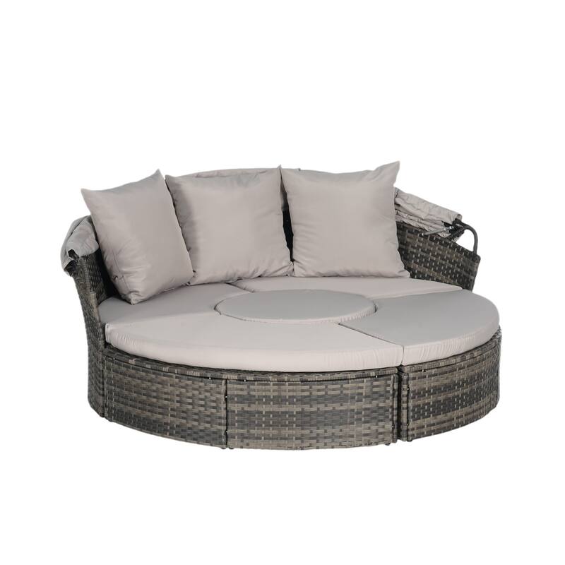Outdoor Round Daybed with Retractable Canopy, Cushions, Table,Set of 5