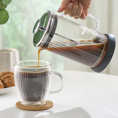 JoyJolt Fluted Coffee French Press & 2 Fluted 13.5 oz Double Walled Coffee Mugs Set