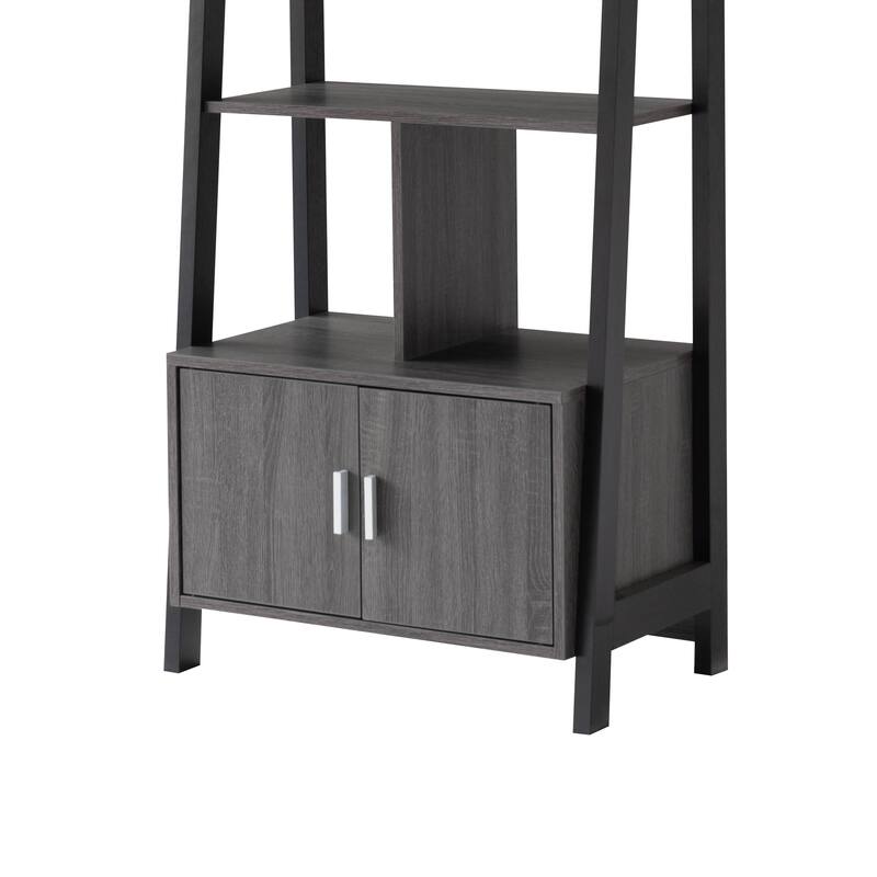 70 Inch Ladder Bookcase with Double Door Cabinet, 3 Shelves, Gray, Black