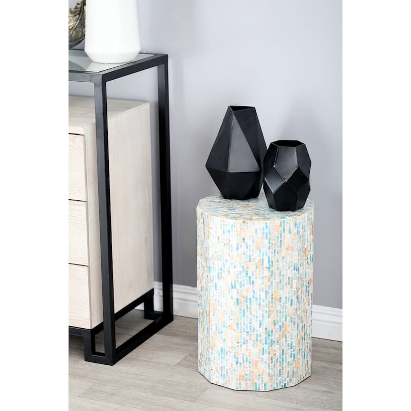 Blue Mother of Pearl Shell Handmade Mosaic Inlay Drum Accent Table - Blue