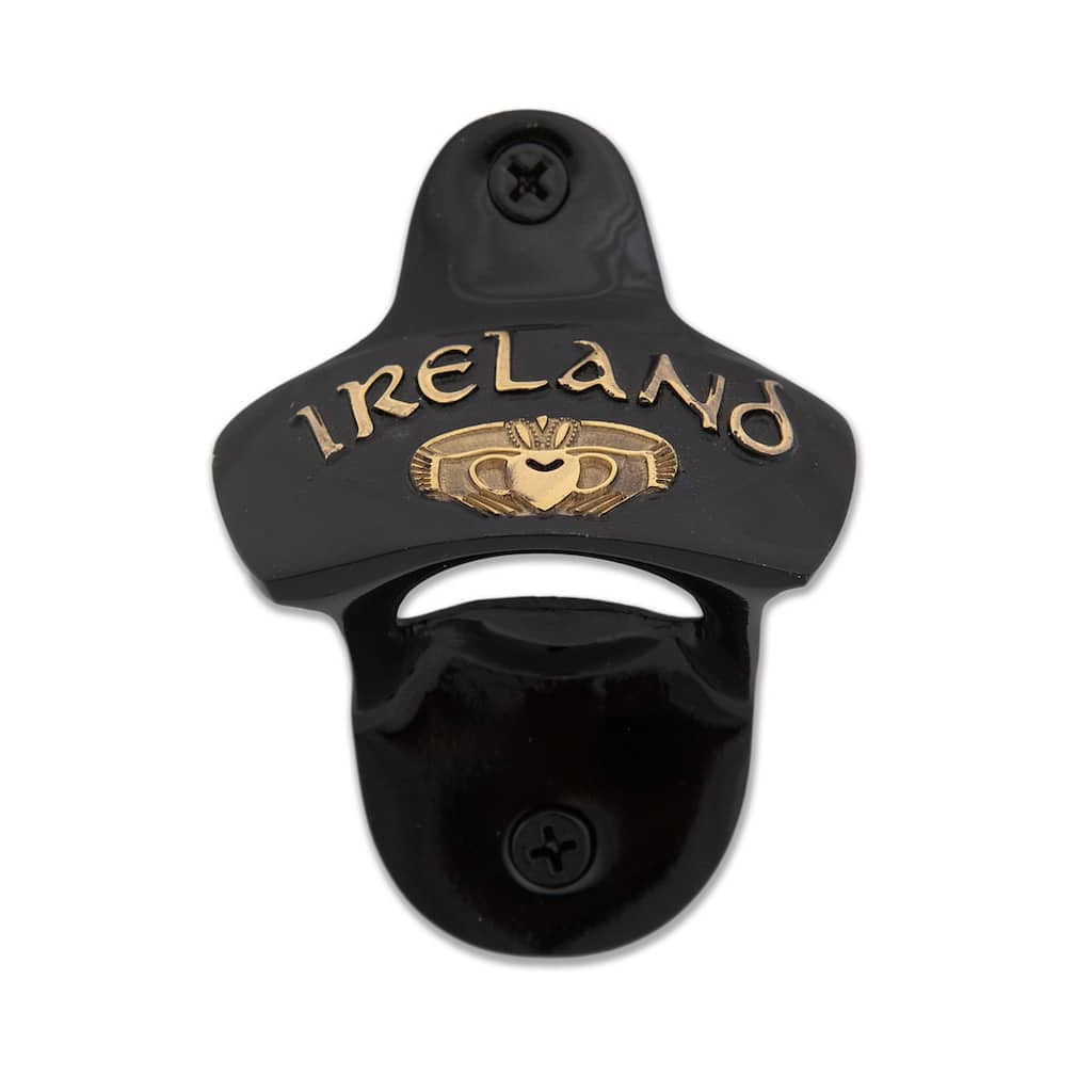 Black Brass Bottle Opener for Wall with Gold Ireland Celtic Claddagh Design Bar or Kitchen Decor - 3.25”H x 2.5”W