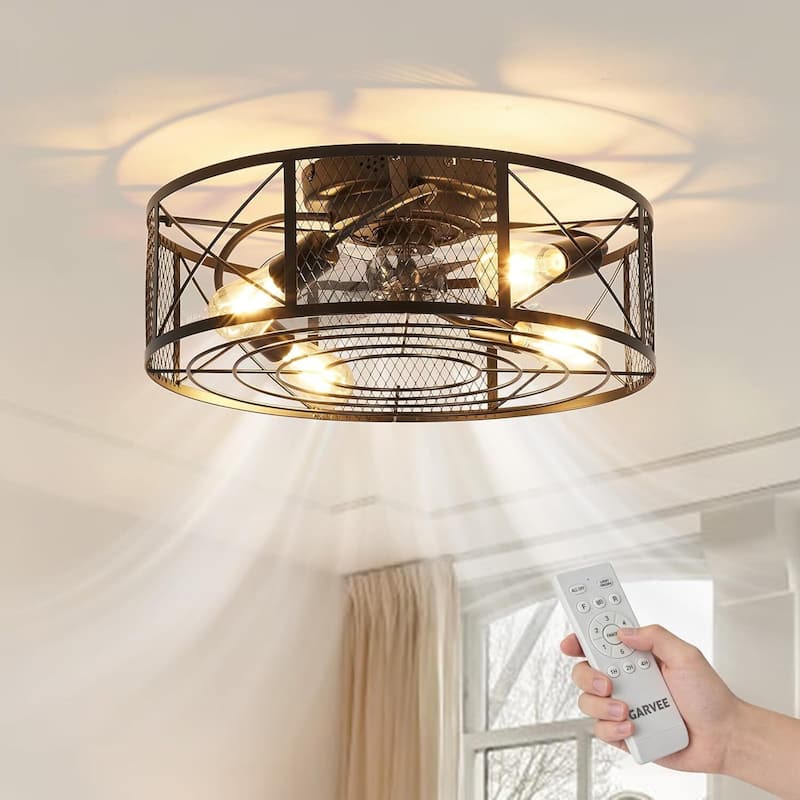 20″ 6-Speed Boho Fandelier Caged Ceiling Fan with Light, Bladeless Flush Mount Fan Lights for Bedroom - Black