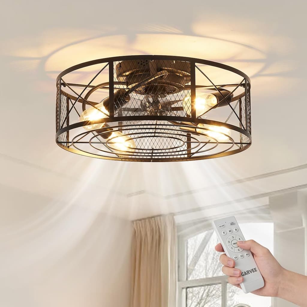 20″ 6-Speed Boho Fandelier Caged Ceiling Fan with Light, Bladeless Flush Mount Fan Lights for Bedroom